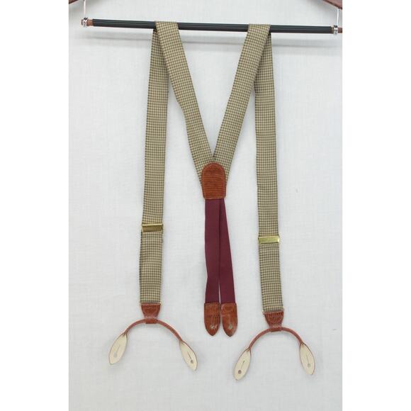 COLE HAAN Suspenders Men's Houndstooth Pattern Green Beige Red Lizard Print USA - Picture 1 of 9